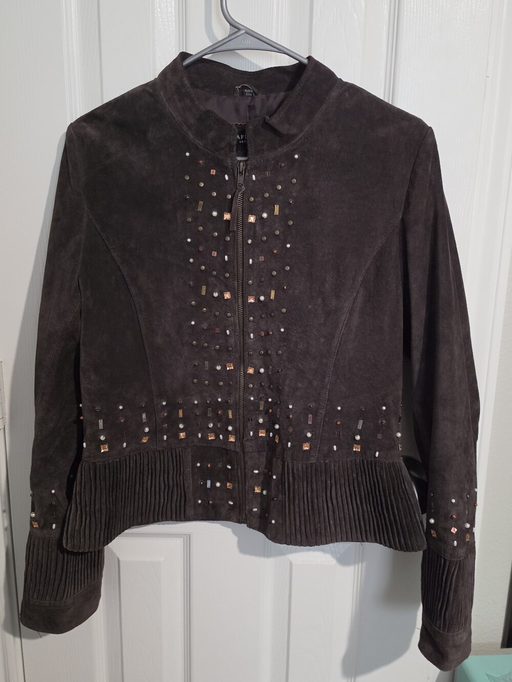 Vintage Raffaelo Leather Brown Suede Beaded Studded Jacket Women's Size S
